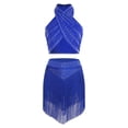 thumbnail image 5 of iiniim Women's Cha Cha Latin Salsa Dance Outfits Sleeveless Ruched Crop Top with Fringe Swing  Skirt Blue L, 5 of 7