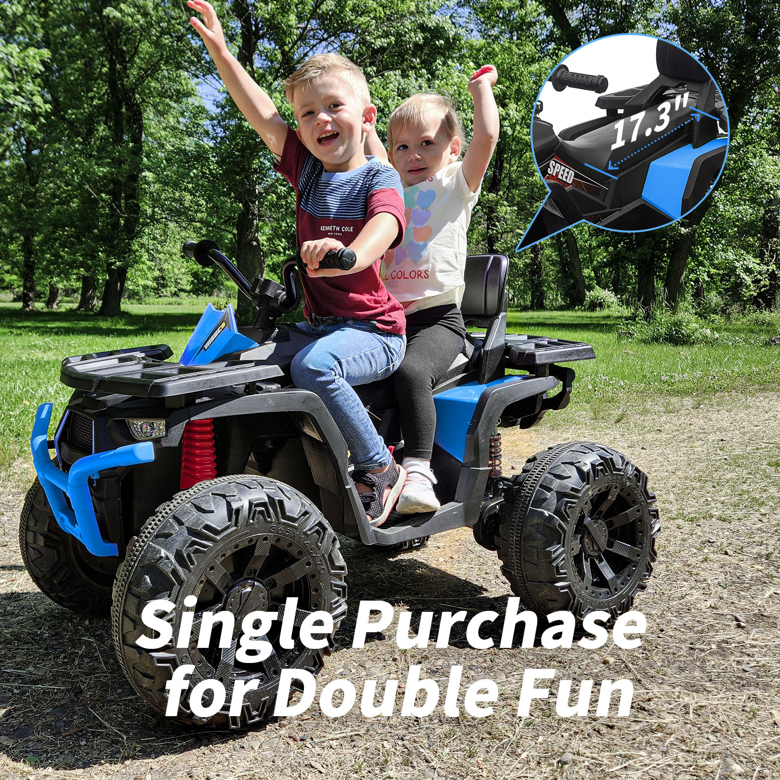 Hikiddo 24V Kids ATV 4 Wheeler, 2-Seater Powered Ride on ATV Toy for Big Kids w/ Bluetooth, 400W Motor - Blue