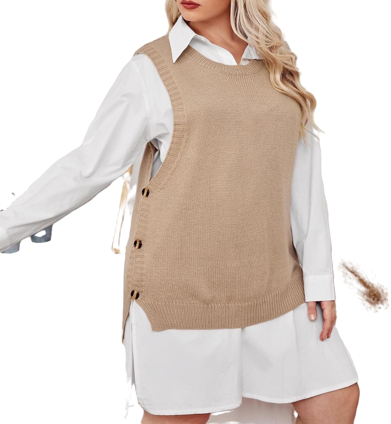 Casual Plain Round Neck Apricot Plus Size Sweater Vests (Women's Plus)