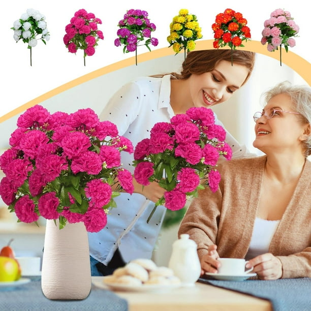 Ramo de claveles artificiales rosa fuerte - 24 tallos de seda para decoración del hogar, centro de mesa de 19,6", regalo para el Día de la Madre