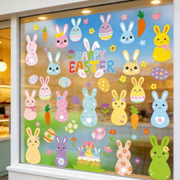 geerera Easter Window Decals, Removable Holiday Stickers, Self-Adhesive Bunny Window Clings for Glass Doors and Windows, for Easter Decorations, Spring Home Decor, Party Decor