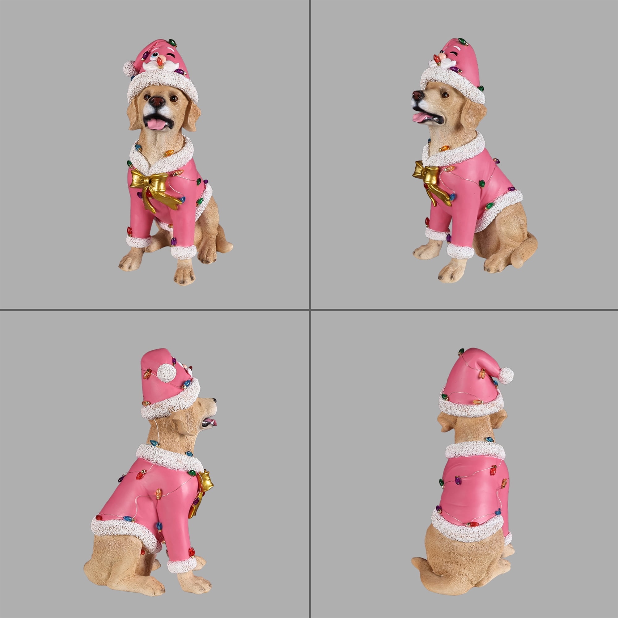 Labrador Pink Santa Outfit Christmas Dog Statue with Santa Hat Holiday Tabletop Decor
