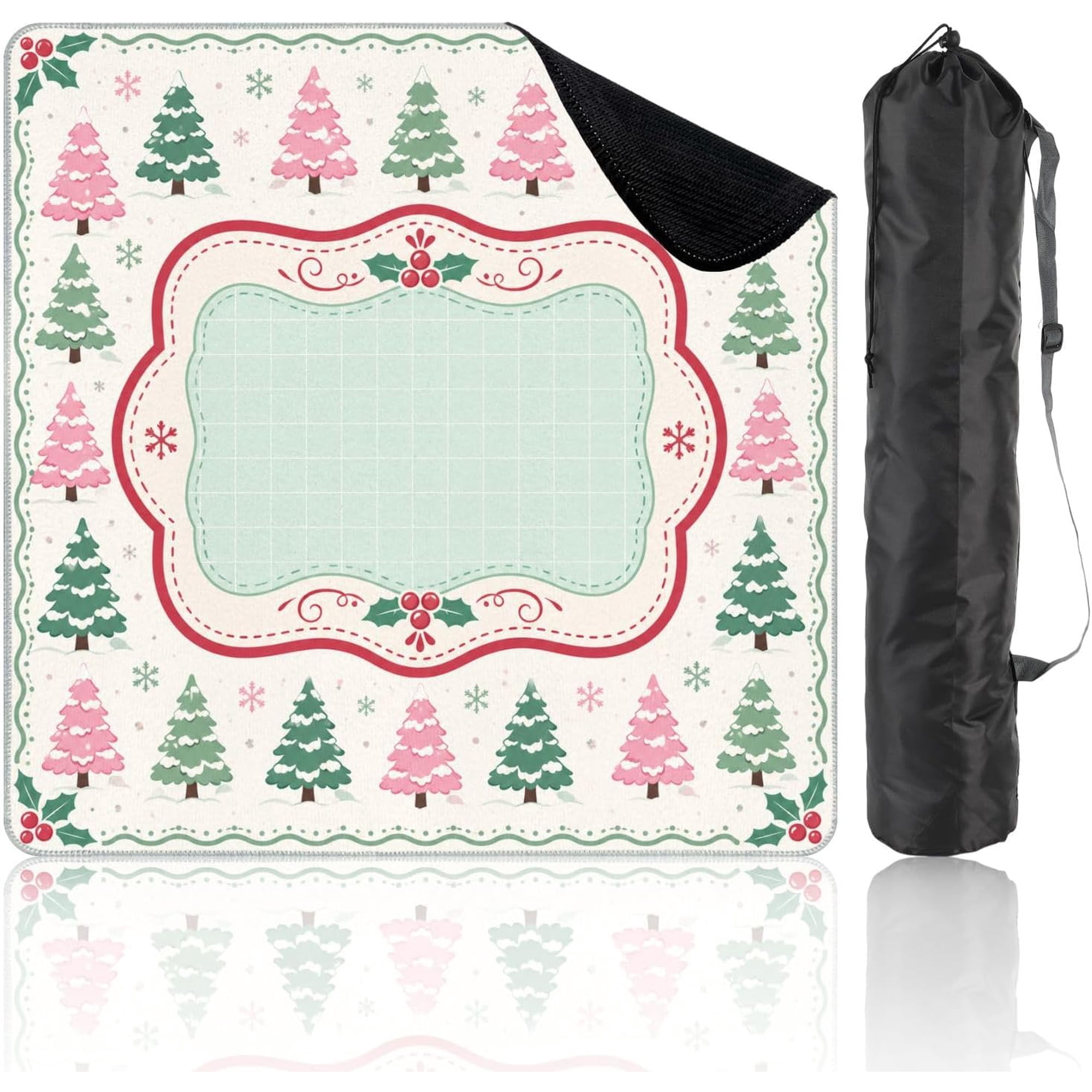 31.5" x 31.5" Mahjong Mat for Table with Carrying Bag Christmas Holiday Frame Pink Green Pine Trees Snowflake Non-Slip Noise-Reducing Game Mat for Mahjong Poker Dominoes Board Games