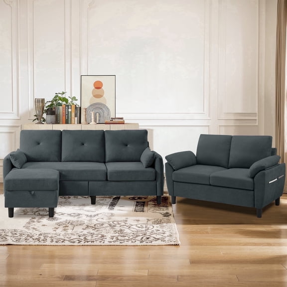 Soscana Living Room Furniture Set,Convertible Sectional Sofa with Storage Ottoman and Loveseat,Modern Linen 5 Seat L Shaped Couch Sofa Set with Side Pocket for Living Room,Office,Apartment,Studio