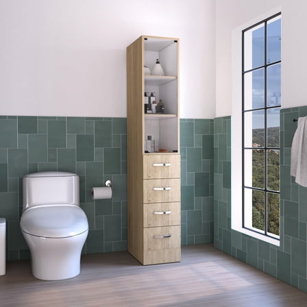 Vanguard Linen Cabinet In Pine/white - 69.55" Tall With Three Shelves And Four Drawers Freestanding Modern For Extra Storage Bathroom, Home Office, Garage Kitchen High