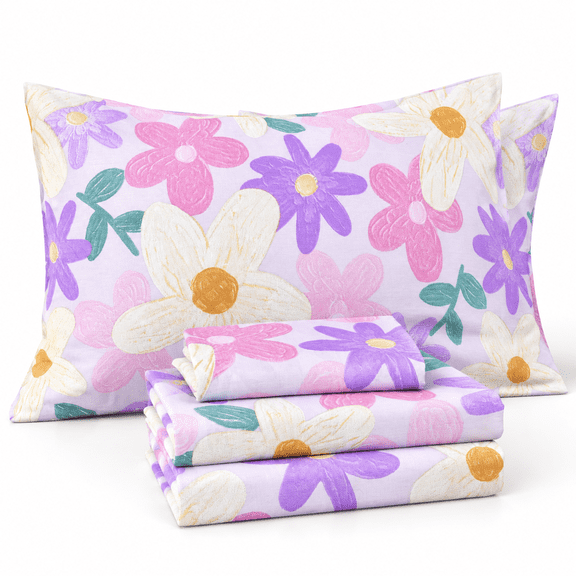 Purple Flowertington 4 Full Bed Sheet Set Teen Flat & Fittedowcase Bedding (floret Full)