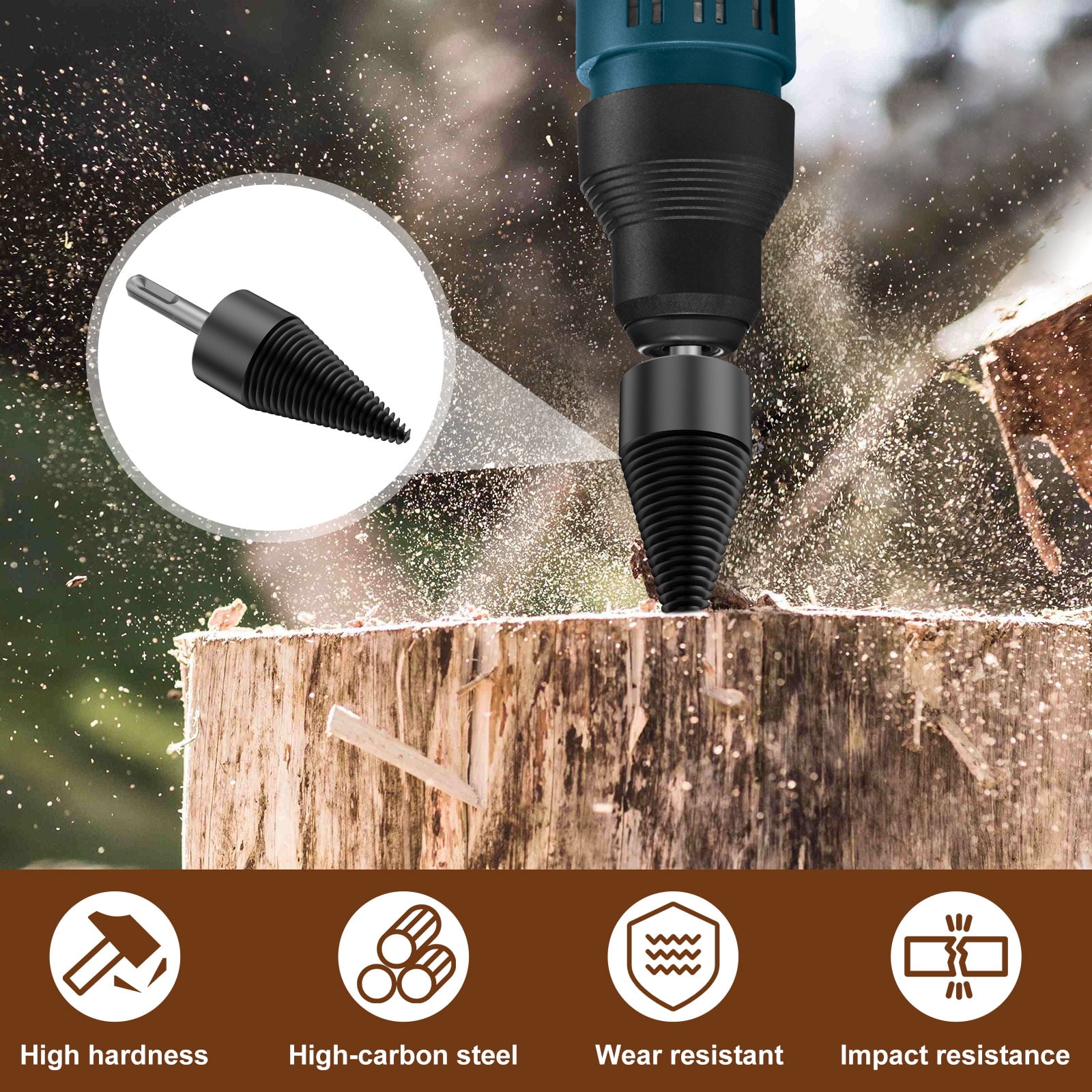 1/2Pcs Firewood Log Splitter 32mm 42mm High-Carbon Steel Wood Log Drill Bit with Hex/Round/Square Shank Titanium Coated Sturdy Wood Splitting Screw Cone for Electric Drill Camping