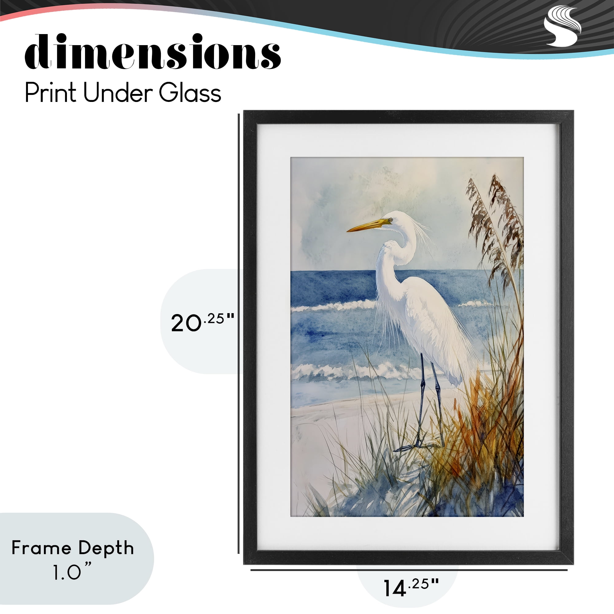 Stupell Industries Egret By The Waves Black Framed Print Under Glass, design by Petal Prints Design