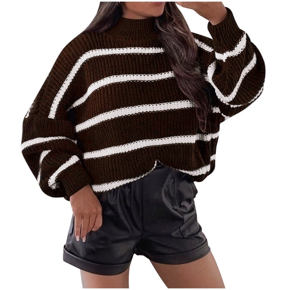 QSXADF Pullover Sweaters for Women Long Sleeve Knit Mock Neck Striped Color Blocking Tops