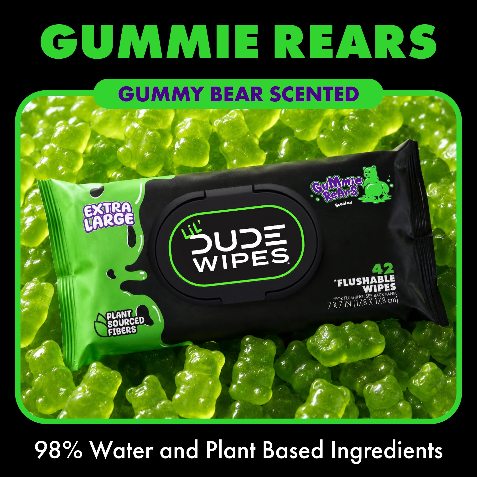 LiL' DUDE Flushable Wipes, Extra Large Gummie Rears Wet Wipes, Gummy Bear Scent, 42 Count, 6 Pack