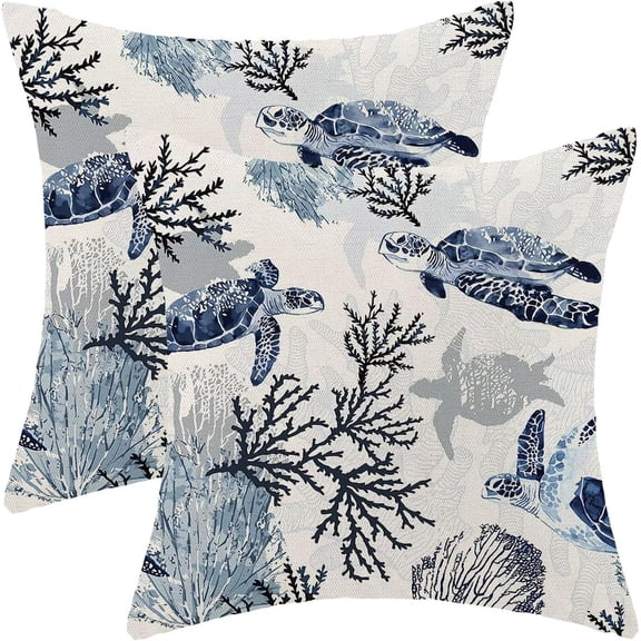 Ryan; Coastal Throw Pillow Cover 18 x 18 Inch Pack of 2, Beach Themed Blue Coral Sea Turtle Decorative Pillow Covers Square Linen Nautical Ocean Pillow Cases Cushion for Bedroom Home Sofa Decor