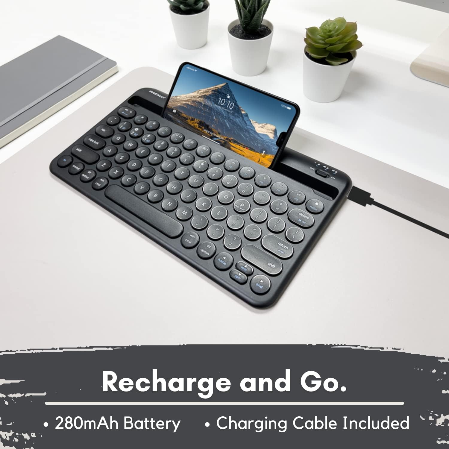 Macally Multi Device Rechargeable Compact Wireless Bluetooth Keyboard, Black
