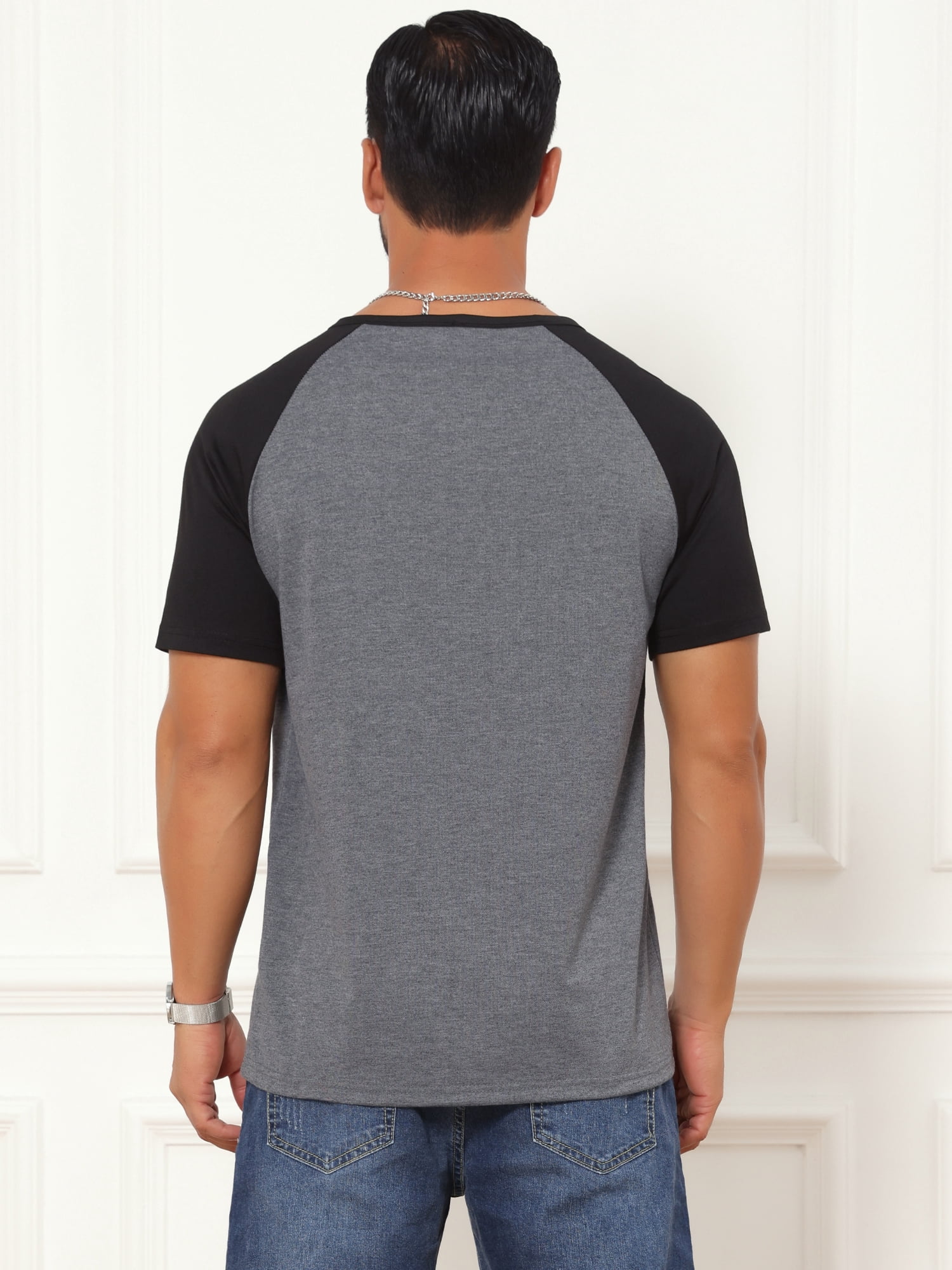 DARING DIVA Men's Henley Button Down Color Block Short Sleeve T-Shirt M Dark Gray