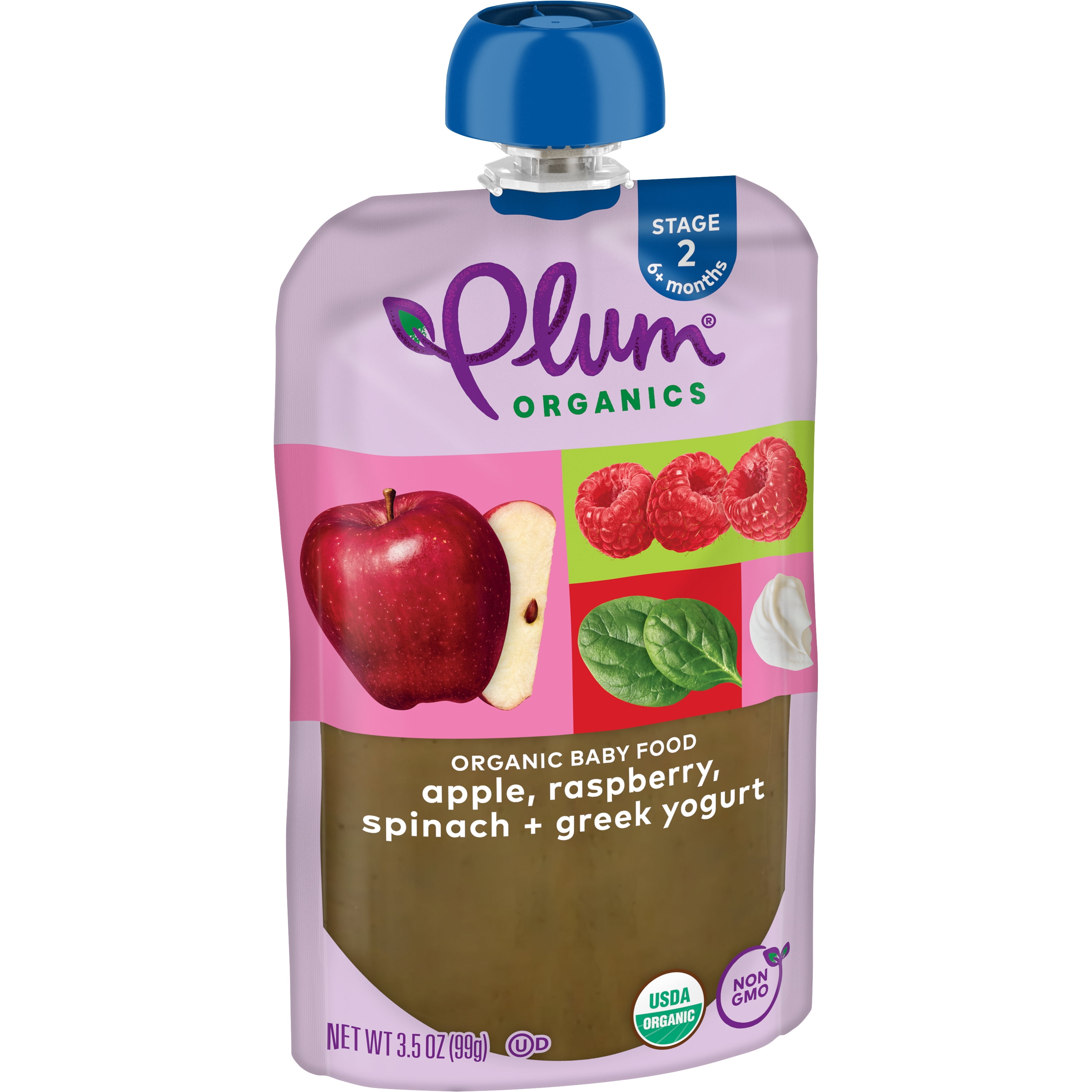 Plum Organics Stage 2 Organic Baby Food, Apple, Raspberry, Spinach and Greek Yogurt, 3.5 oz Pouch - Case of 12