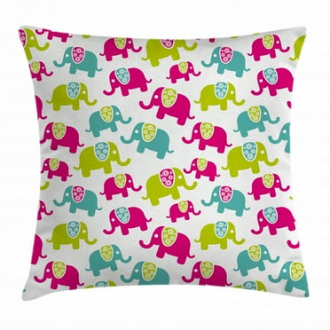 Elephant Nursery Decor Throw Pillow Cushion Cover, Cartoon Cute Elephants with Ornaments Joyous Kids Room Pattern, Decorative Square Accent Pillow Case, 16 X 16 Inches, Green Blue Pink, by Ambesonne