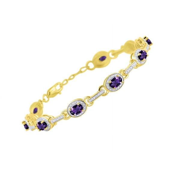 RYLOS Bracelets for Women 925 Yellow Gold Plated Silver Tennis Bracelet Gemstones & Halo of Diamonds Adjustable to Fit 7"-8" Wrist , 9 - 6X4MM Amethyst Jewelry for Women Friendship