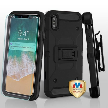For iPhone XS Max 3-in-1 Kinetic Hybrid Cover Holster Tempered Glass Protector