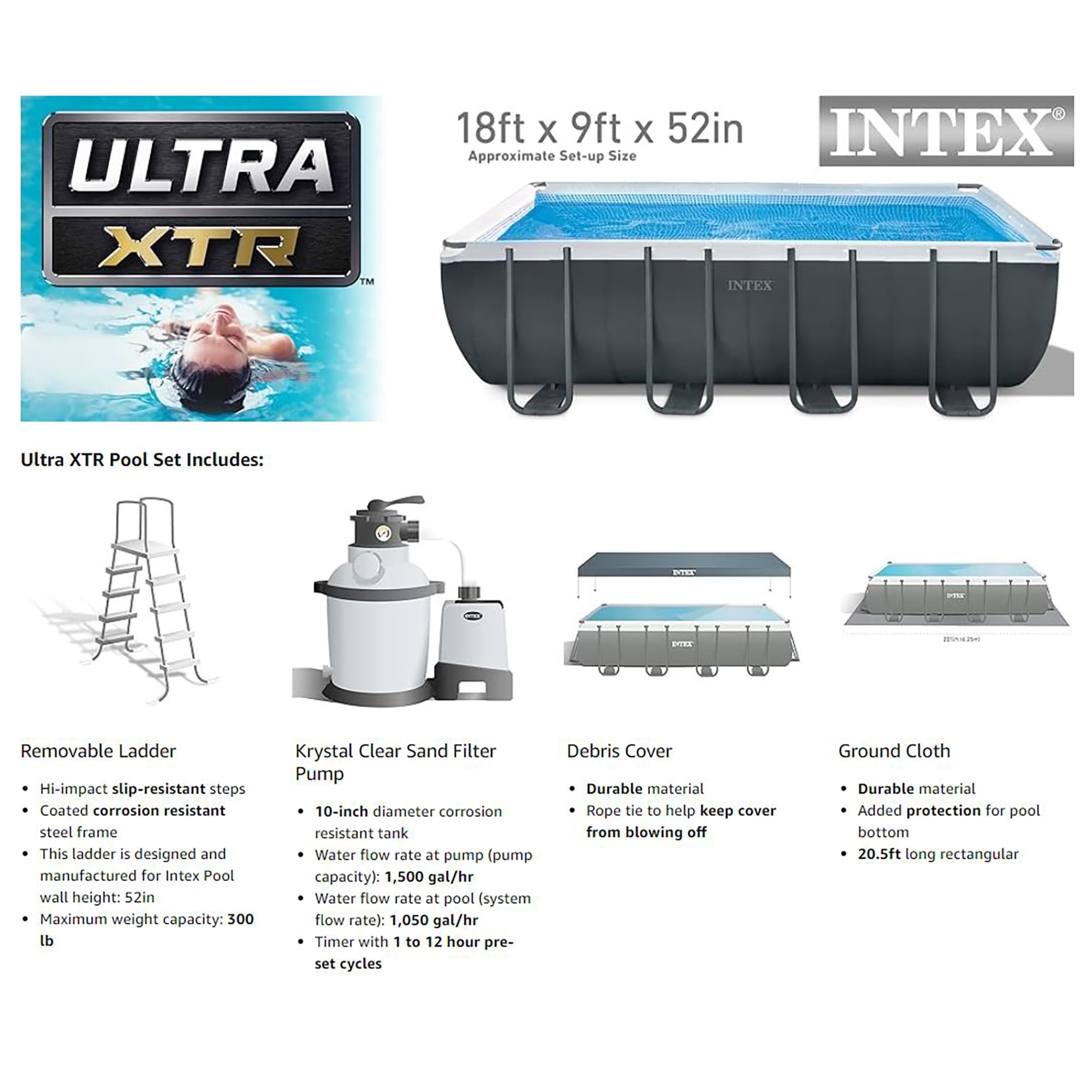 INTEX 26355EH Ultra XTR Rectangular Pool Set: 18' x 9' x 52" – Above Ground Swimming Pool, 1500 GPH Sand Filter Pump, Puncture Resistant, Ladder, Cover