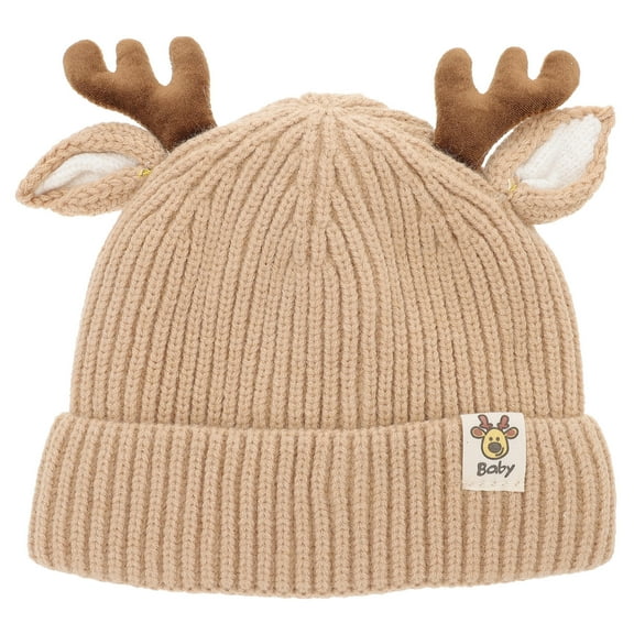Niceauty Cute Khaki Knit Hat for Kids with Christmas Elk Horn Design Made of Woolen Yarn for Autumn and Winter Wear