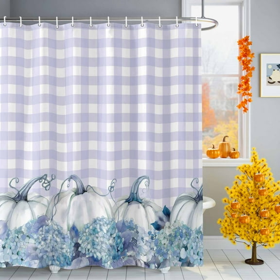 Shower Curtain 48"W x 72"L Fall Thanksgiving Purple Pumpkins Hydrangea Light-purple Plaid Fabric Shower Curtains Set with Hooks Bathroom Curtains Machine Washable Bathroom Accessories