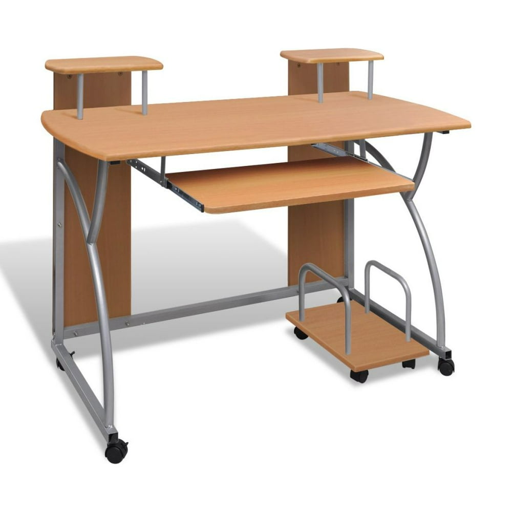 vidaXL Mobile Computer Desk Pull Out Tray Brown Finish Furniture Office