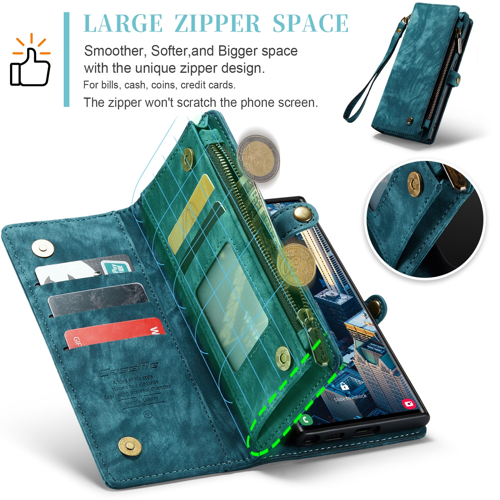 For Samsung Galaxy S25 Ultra Wallet Case,Multi-Functional Retro Leather Purse Flip Cover Zipper Wallet Case with Removable Card Slots Pocket & Detachable Wrist Strap Magnetic Phone Case, Green