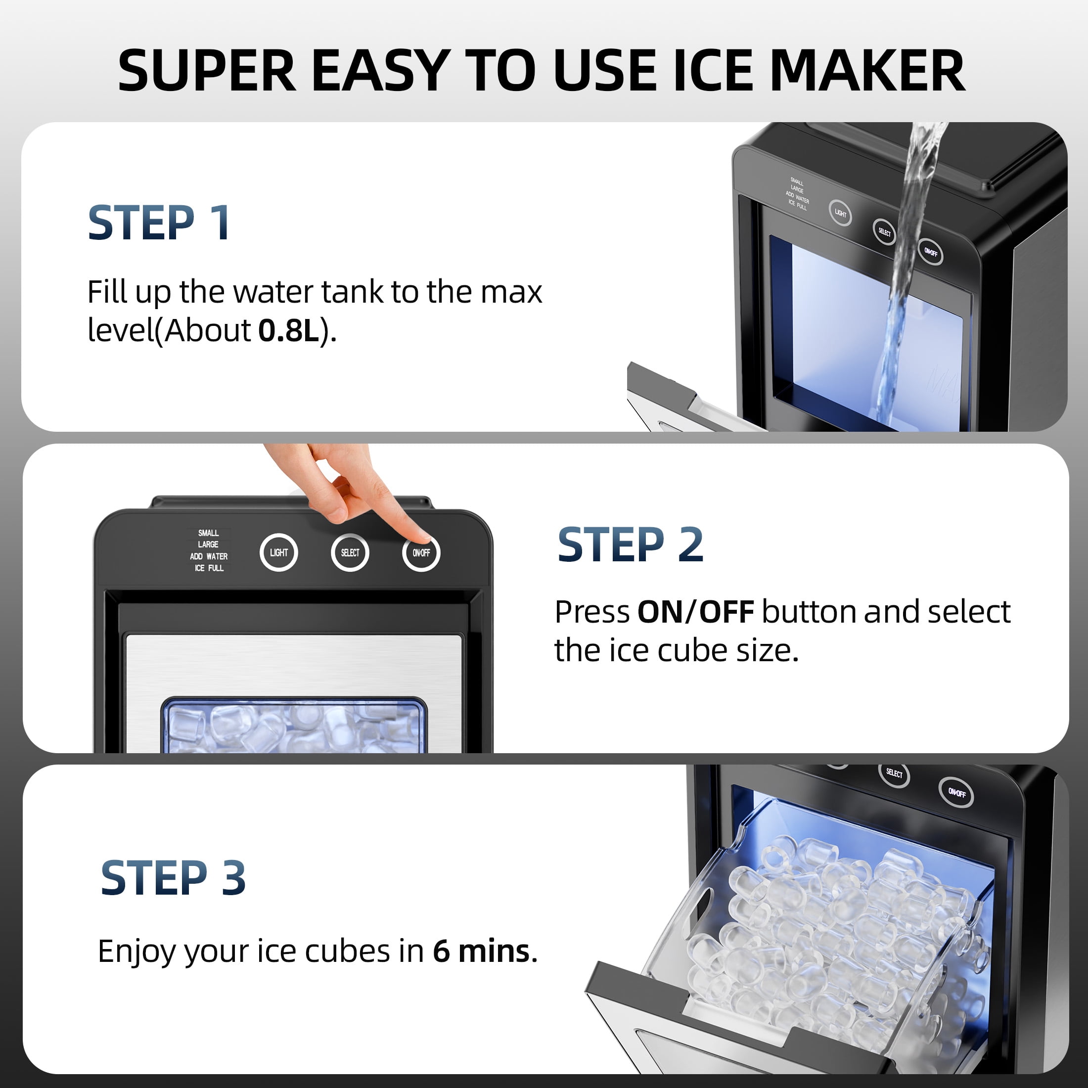 Auseo Countertop Ice Maker Portable, 26 lbs/Day, 8Pcs in 6Mins, Auto-Cleaning, Ice Machine with Ice Scoop, for Home/Office/Party, Silver