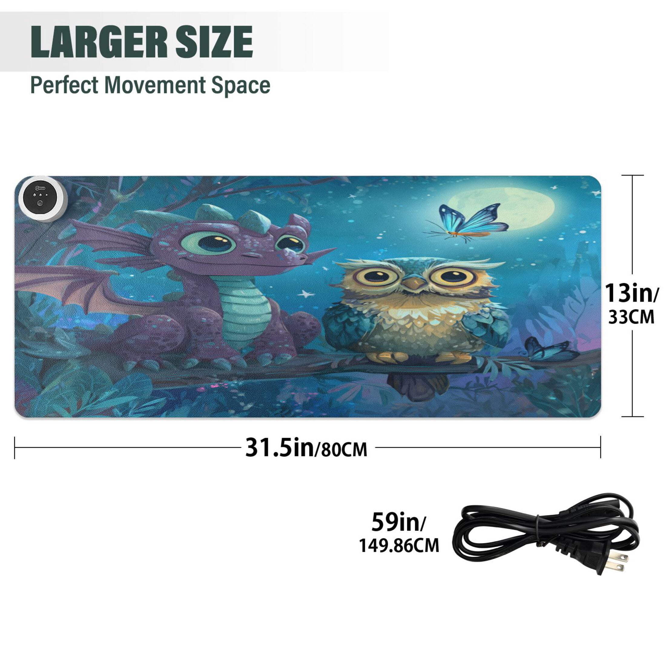 Wobogo Cute Dragon Owl Heated Mouse Pad Extra-Large Desk Mat With 3 Heating Levels and 3-hour Auto Shut-Off Protection Ideal for Computer Keyboards Home Office Hand-warming Essential 31.5in × 13in