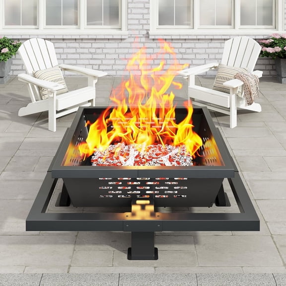 42" Square Fire Pit, Wood Burning Fire Pit with Poker for Outside