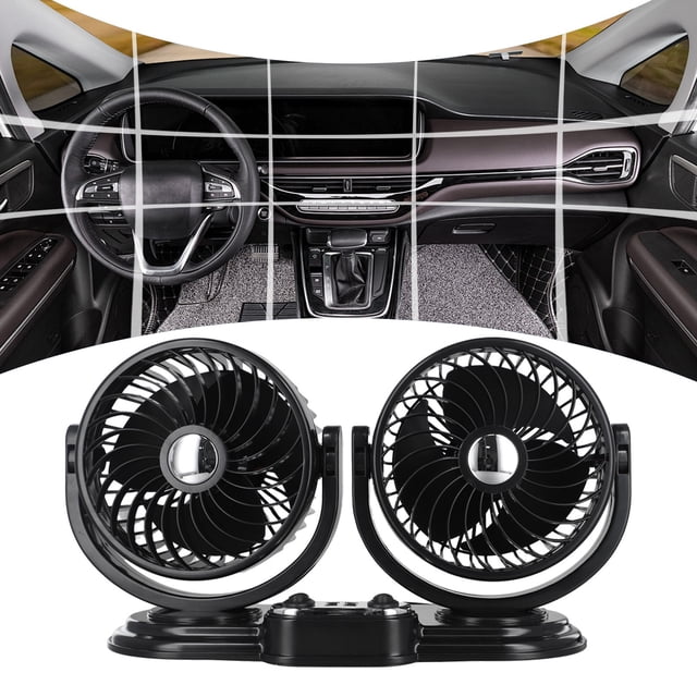 Adjustable Airflow Car Fan with Dual Head Cooling USB 5V/12V/24V Rotation
