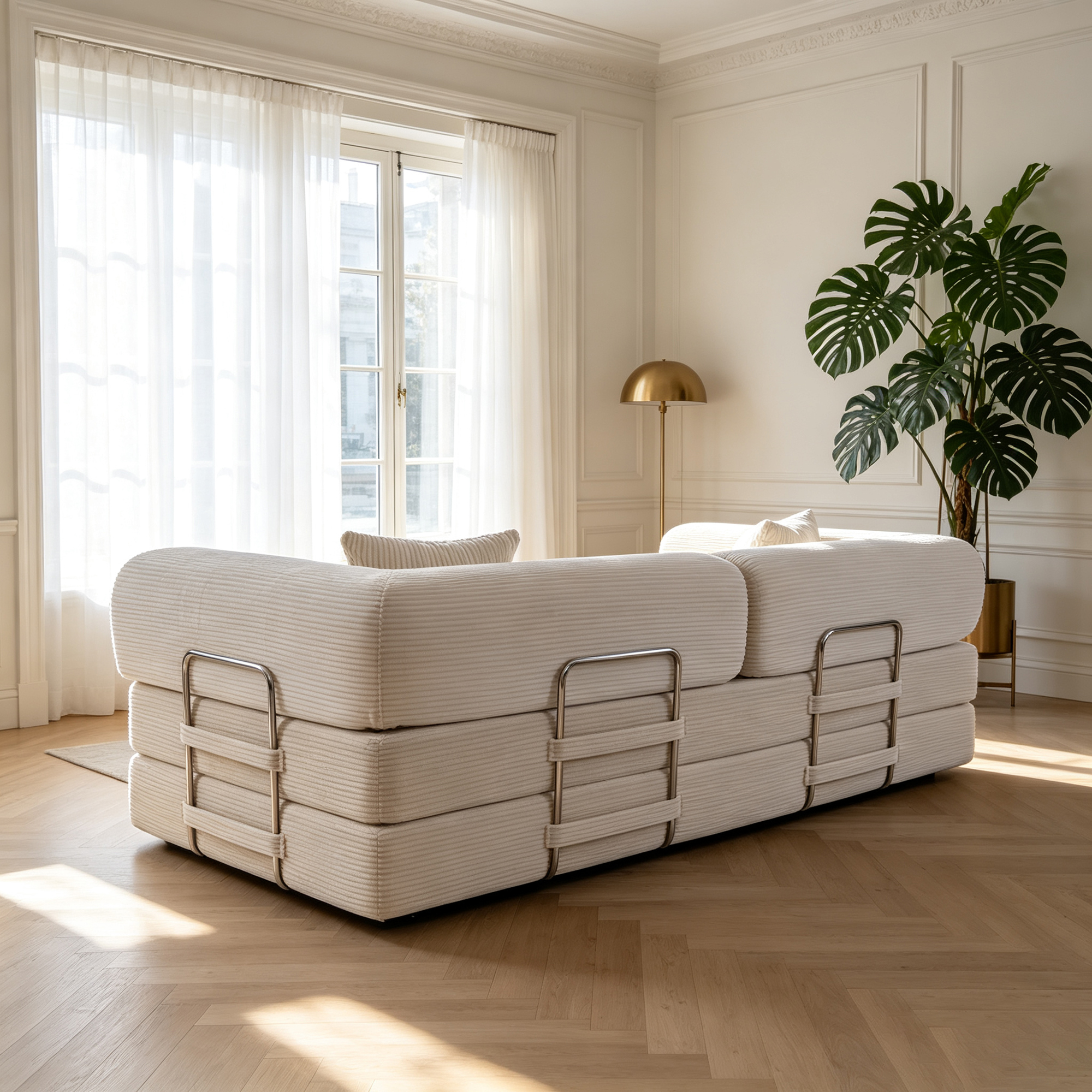 HOQBN Convertible Sofa Bed, Corduroy Fold Out Futon Sleeper Mattress with Pillows, Boneless Folding Floor Couch for Living Room Bedroom Beige