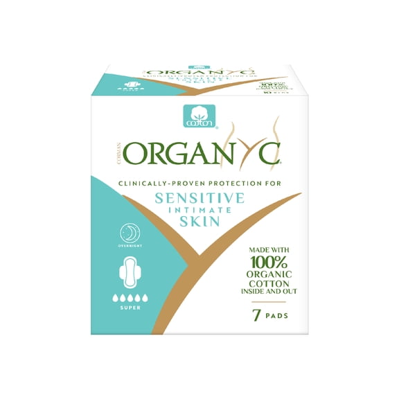 Corman Organyc Overnight Pads, 100% Certified Organic Cotton, Super Absorbency, Heaviest Flow, Unscented, 7 Count