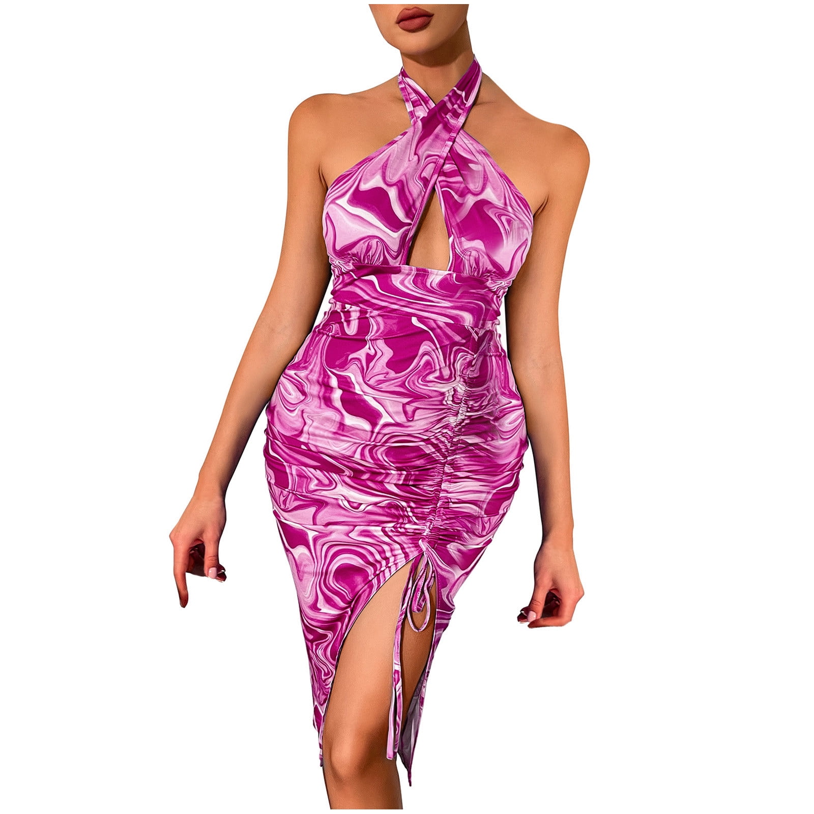 OAVQHLG3B Tiedye Halter Bodycon Dresses for Women Party Sexy Midi