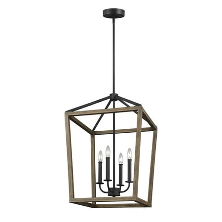 Feiss Gannet 4-Light Weathered Oak Wood and Antique Forged Iron Chandelier