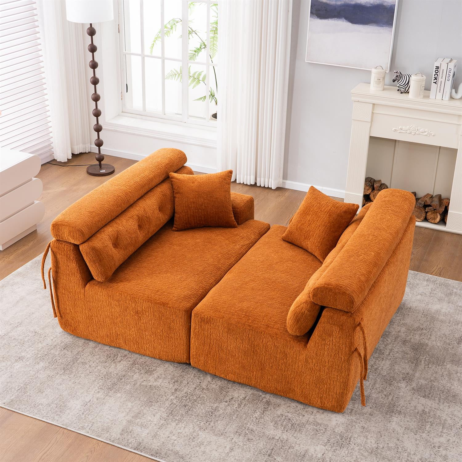 Demi Bonn 103" 4-Seater Compression Sofa Couch with Wood Grain Chenille Fabric, Full Sponge Cushion and 2 Cozy Pillows for Living Room, Orange
