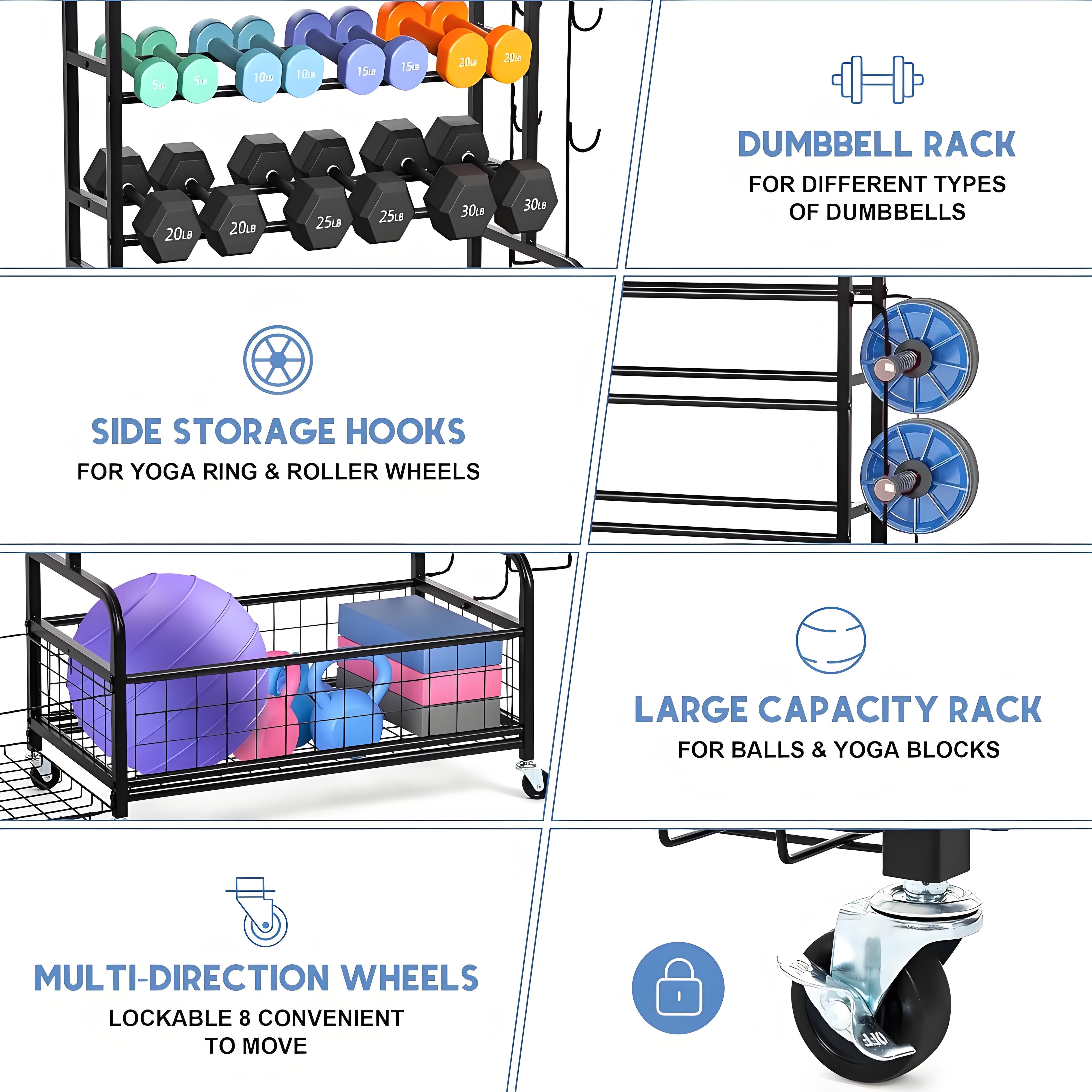 Weight Rack,Blacksmith 4-Layers Extra Large Heavy Duty Dumbbell Rack,Sports Equipment Organizer with Wheels and Hooks,Black