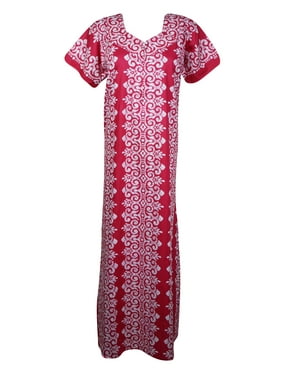 Mogul Women Red Maxi Kaftan Dress Printed Front Zip Sleepwear, Maternity, Loose Housedress, Cover Up Nightwear M