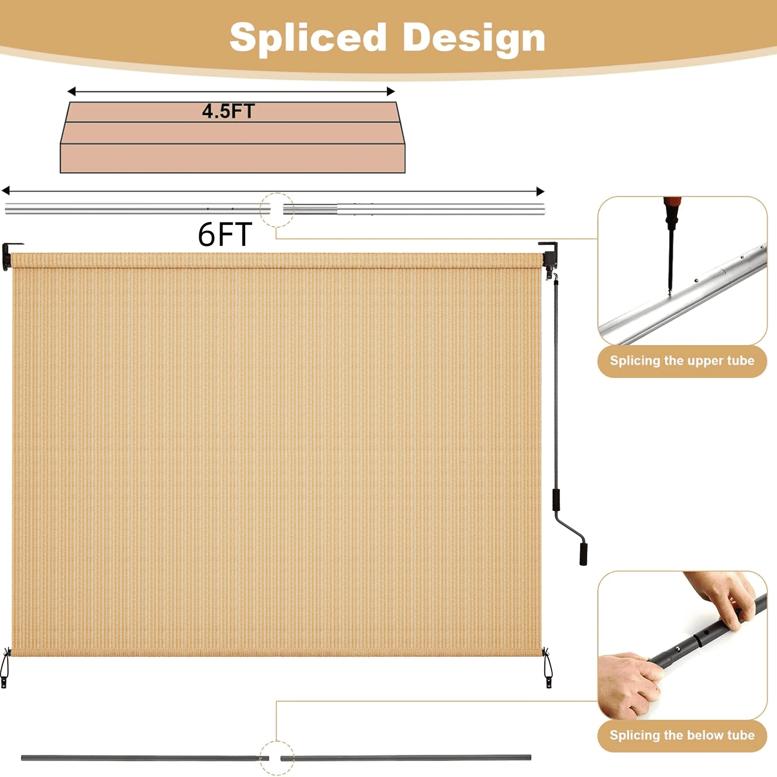 TLGREEN Outdoor Roller Sun Shade, 6‘ x 6’, HDPE Shade Cloth, Aluminum Tube（Sesame）
