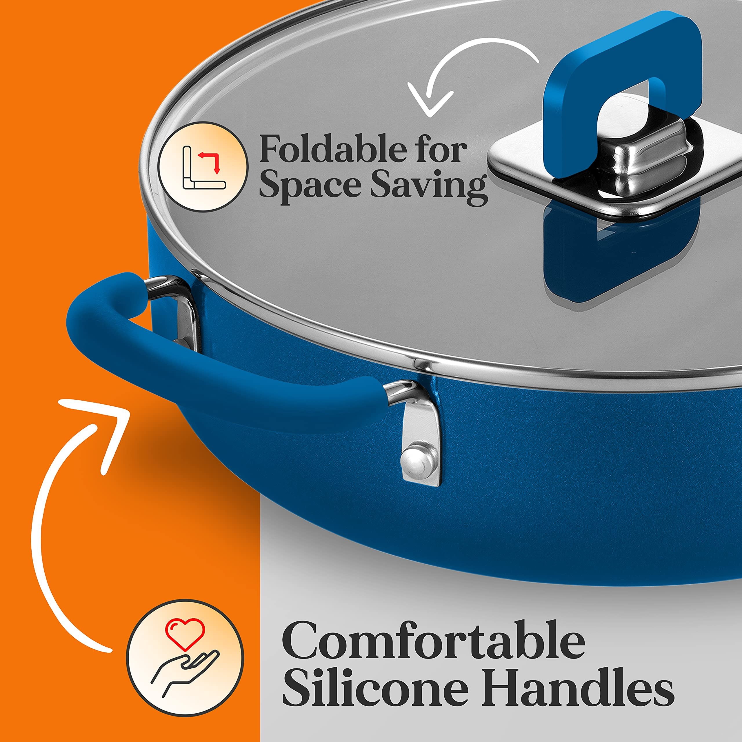 NutriChef Sauté Pan W/ Lid-Non-Stick Stylish Kitchen Cookware W/ Foldable Knob, 3.7 Quart (Blue)