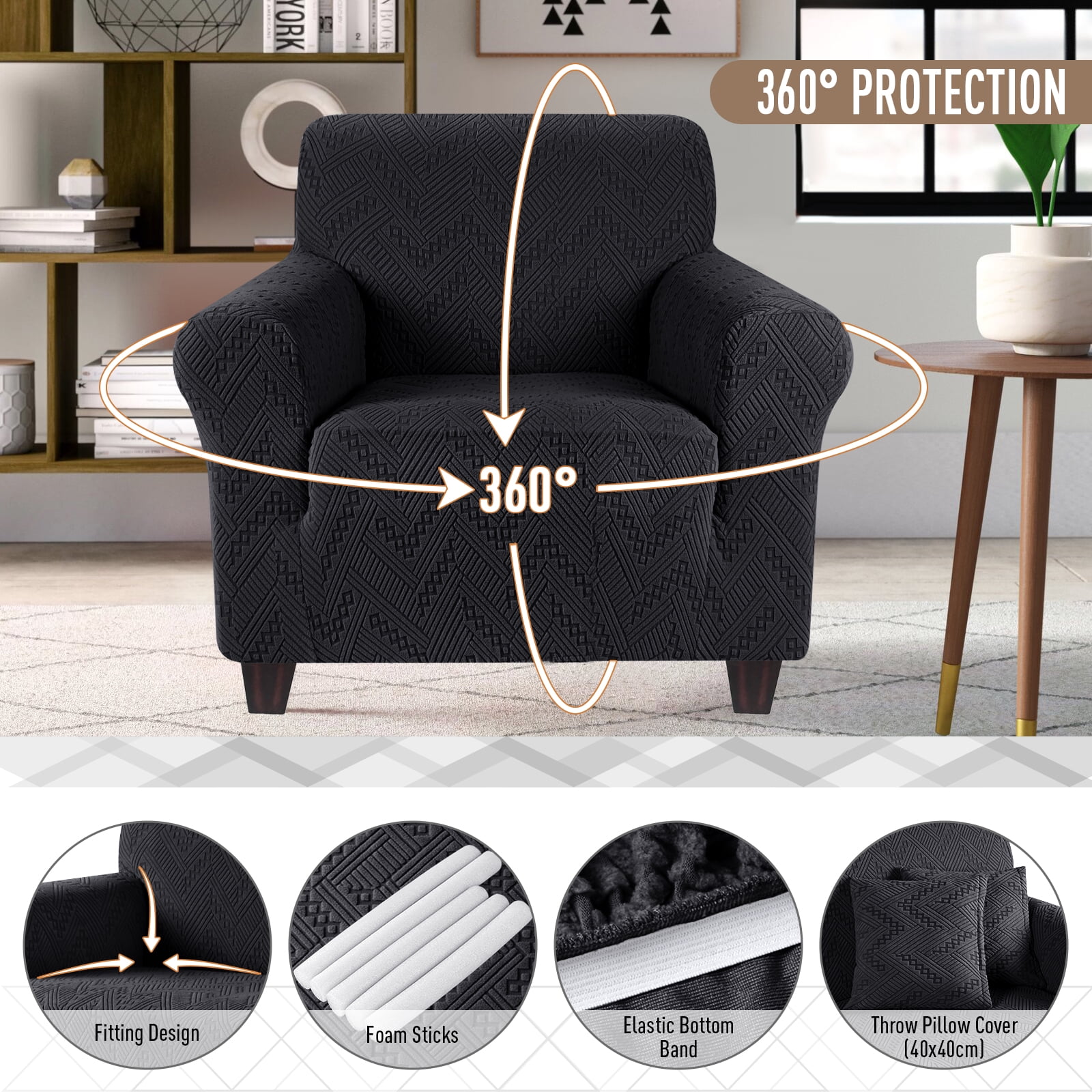 Timeles 1 Piece Stretch Sofa Slipcover Non Slip Armchair Cover Soft Jacquard Couch Cover Washable Furniture Protector with 1 Throw Pillow Cover (1 Seater, Black)