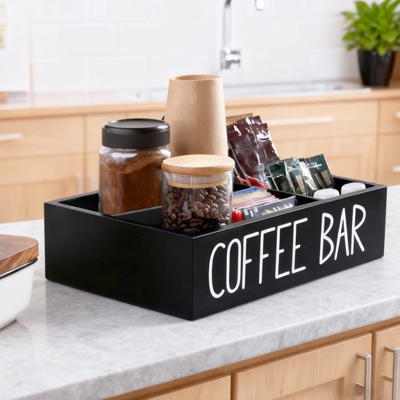 Tzdxfgl Coffee Station Organizer with Removable Dividers, Wood Coffee Bar Organizer Tray Pods Holder, Coffee Bar Accessories Box for Countertop