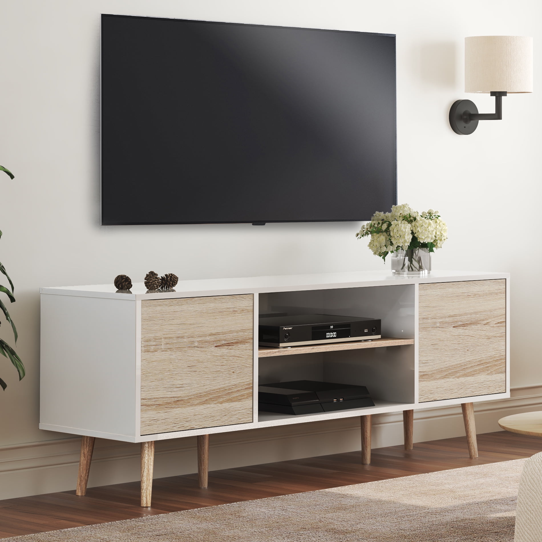  Mid-Century Modern Entertainment Center for Flat Screen TV ,White Function Home TV Stand for TVs up to 50 TV Console Storage Cabinet with Shelves and Doors for Living Room 
