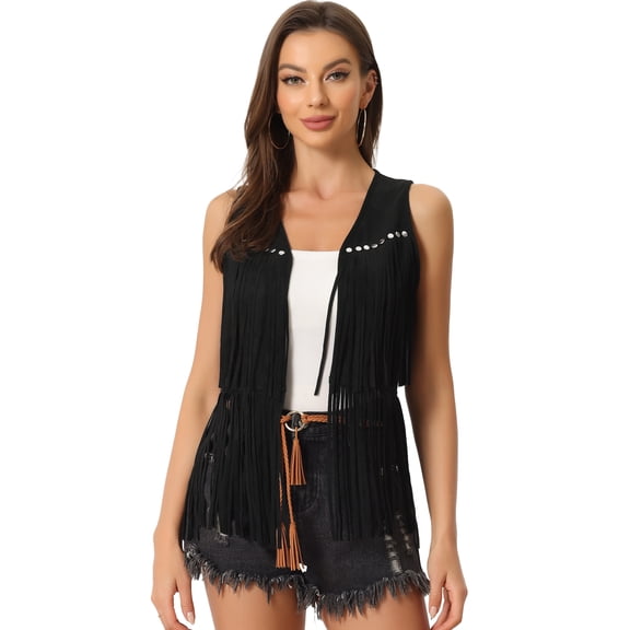 DARING DIVA Women's Fringe Vest Outfits Faux Suede Tassel Cardigan M Black