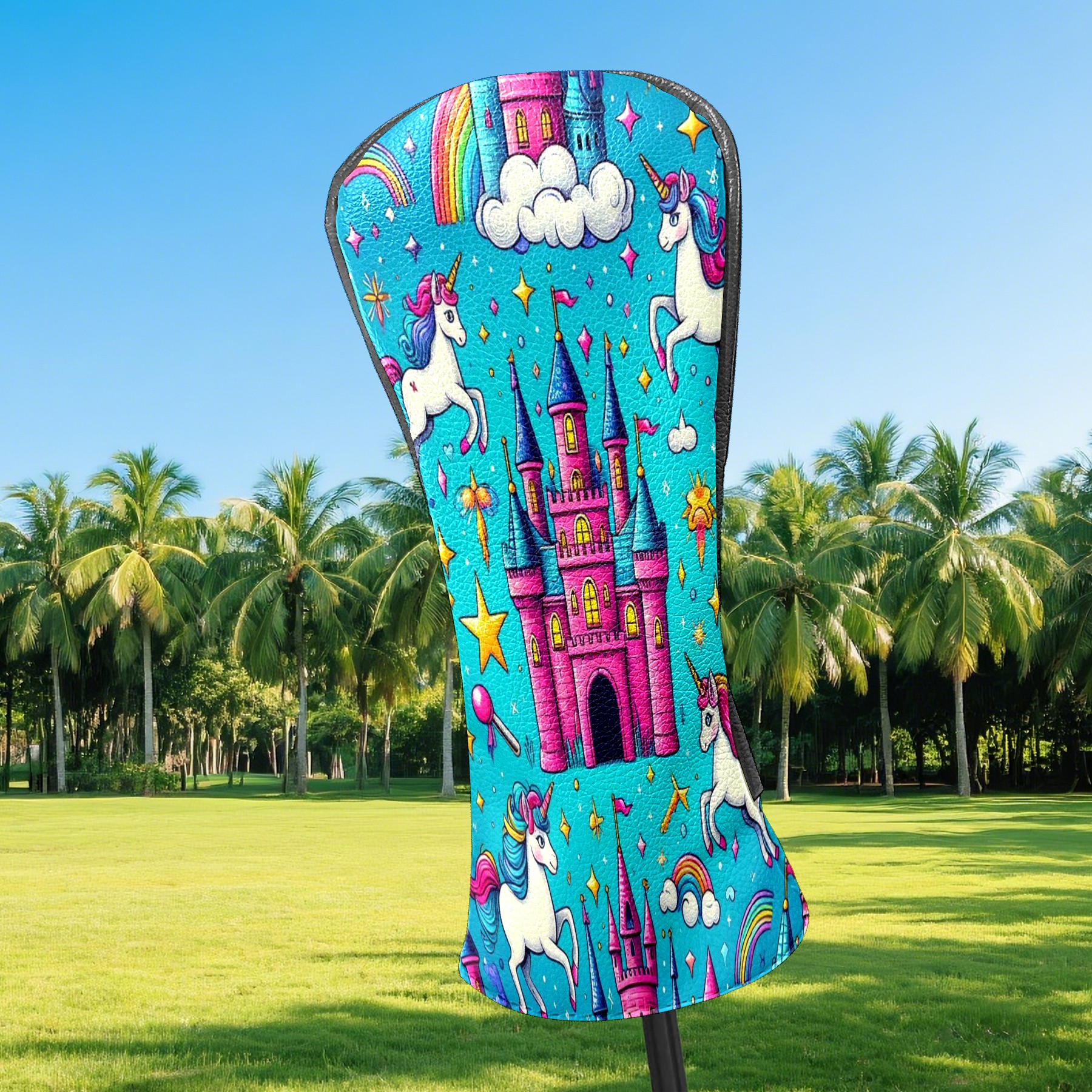 Golf Club Head Covers Rainbow Unicorn Castle for Driver and Fairway Woods, Premium PU Leather, Waterproof, Velvet Lining, Unisex Golf Gift