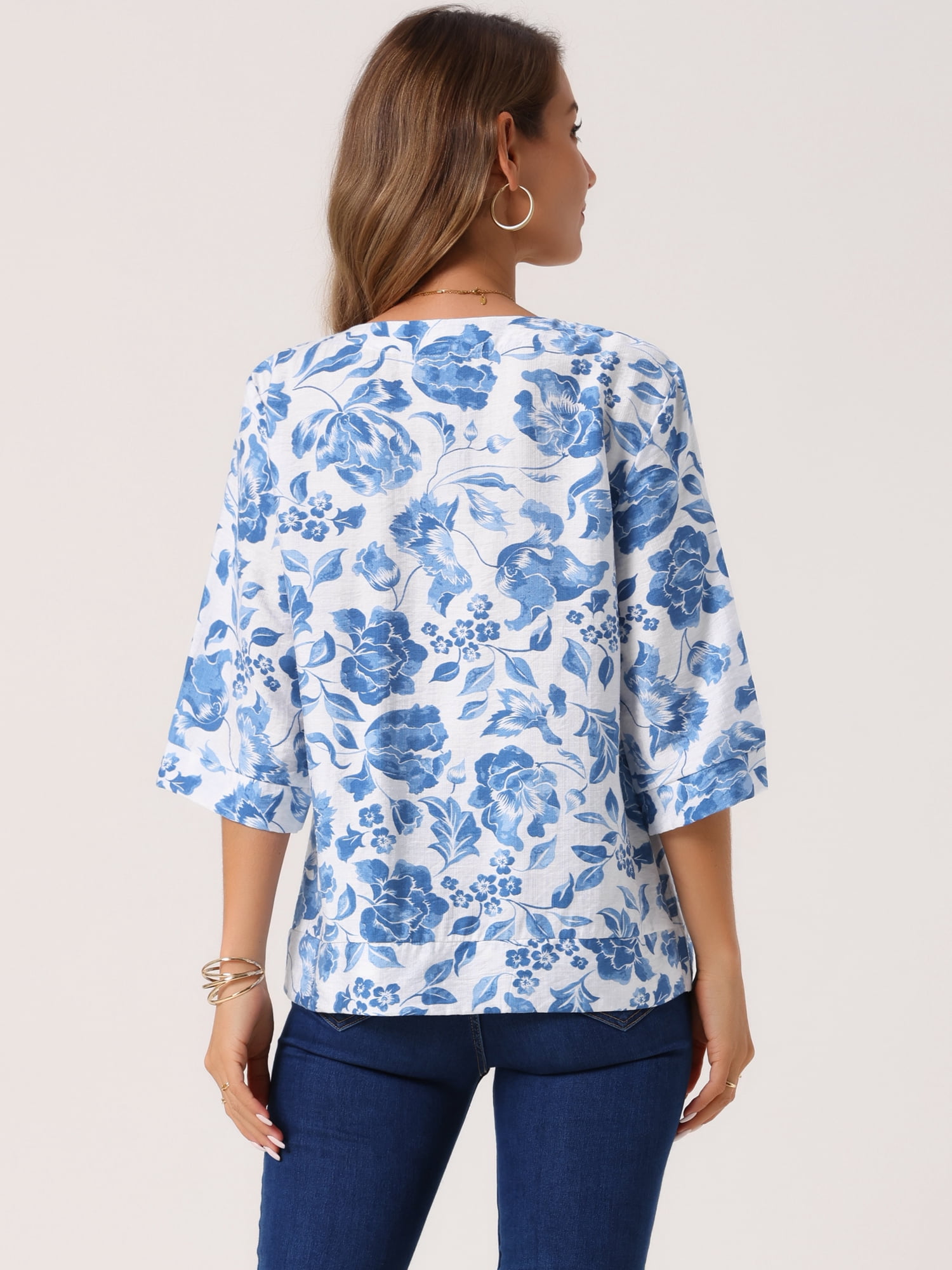 DARING DIVA Women's 3/4 Sleeve V Neck Boho Floral Button Decor Blouses S Blue