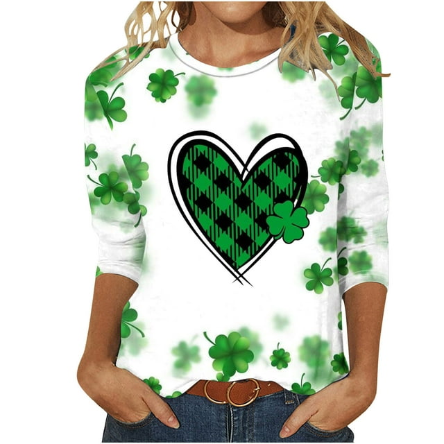 lcziwo Chandails de la Saint-Patrick pour Femmes Haut à Imprimé Vert Trèfle Irlandais Graphique Manches 3/4 Hauts 2024 Printemps Blouses à Col Rond Tunique Porte-Bonheur T-Shirt Grande Taille,P-5TG TTG