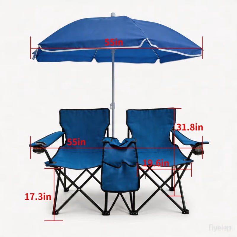 Portable Folding Picnic Chair Set with Umbrella,2-Person Outdoor Camping Chairs with Cup Holders & Cooler Bag, Adjustable Sun Canopy, Heavy Duty Beach Chairs for Patio, Backyard, Travel, Blue
