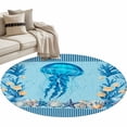 thumbnail image 2 of Summer Nautical Round Living Room Rugs 4 ft, Ocean Jellyfish Cartoon Starfish Coral Black Stripes Washable Area Rug Non-Slip Sturdy Edge Binding Round Carpet for Entryway Kitchen Bedroom Bathroom, 2 of 9