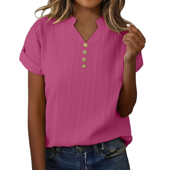 Womens Plus Size Summer Tops, Short Sleeve Shirts for Women Casual Vintage Solid Color Notch V Neck Dressy Blouses with Buttons