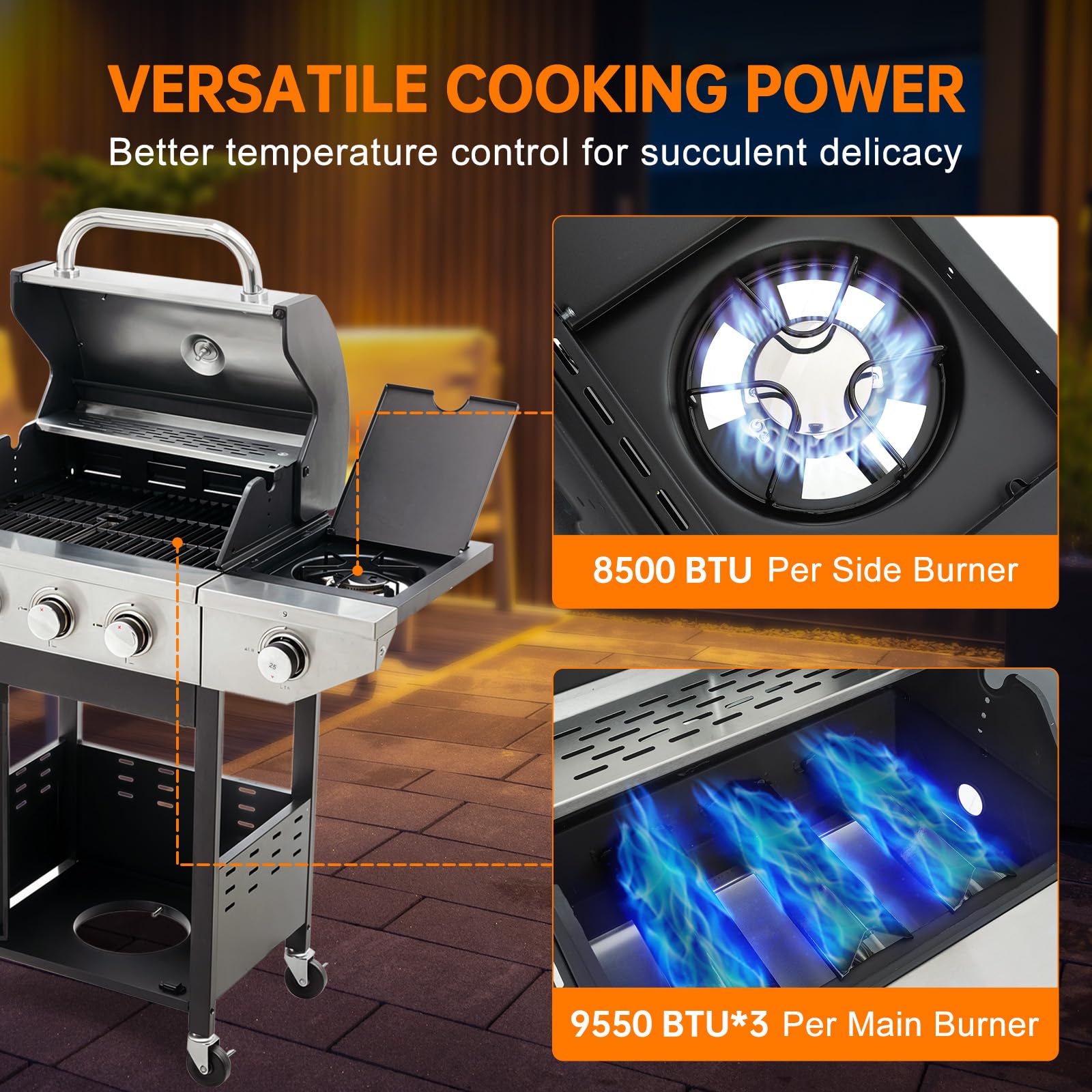 Highsound 3-Burner Propane Gas Grill with Side Burner, 37,000 BTU Outdoor BBQ Grill, Portable Stainless Steel Grill on Wheels for Patio, Garden, Black